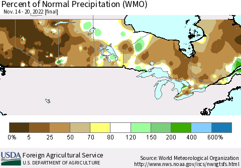 Canada Percent of Normal Precipitation (WMO) Thematic Map For 11/14/2022 - 11/20/2022