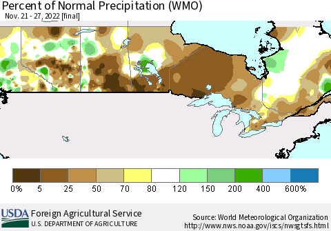 Canada Percent of Normal Precipitation (WMO) Thematic Map For 11/21/2022 - 11/27/2022