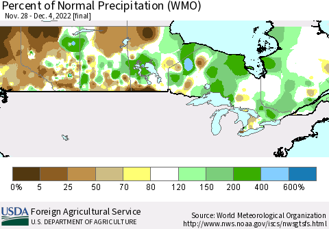 Canada Percent of Normal Precipitation (WMO) Thematic Map For 11/28/2022 - 12/4/2022