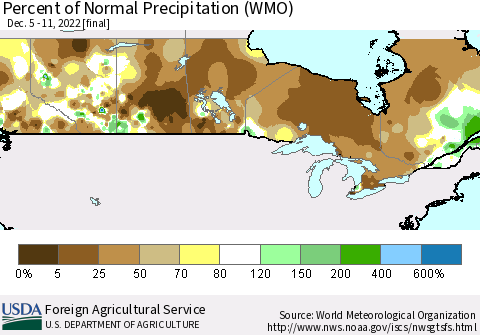 Canada Percent of Normal Precipitation (WMO) Thematic Map For 12/5/2022 - 12/11/2022