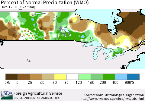 Canada Percent of Normal Precipitation (WMO) Thematic Map For 12/12/2022 - 12/18/2022