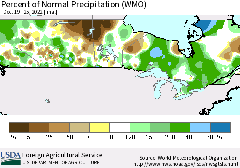 Canada Percent of Normal Precipitation (WMO) Thematic Map For 12/19/2022 - 12/25/2022
