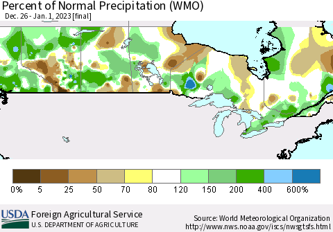 Canada Percent of Normal Precipitation (WMO) Thematic Map For 12/26/2022 - 1/1/2023