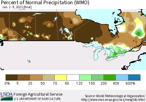 Canada Percent of Normal Precipitation (WMO) Thematic Map For 1/2/2023 - 1/8/2023