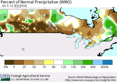 Canada Percent of Normal Precipitation (WMO) Thematic Map For 1/9/2023 - 1/15/2023