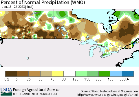 Canada Percent of Normal Precipitation (WMO) Thematic Map For 1/16/2023 - 1/22/2023