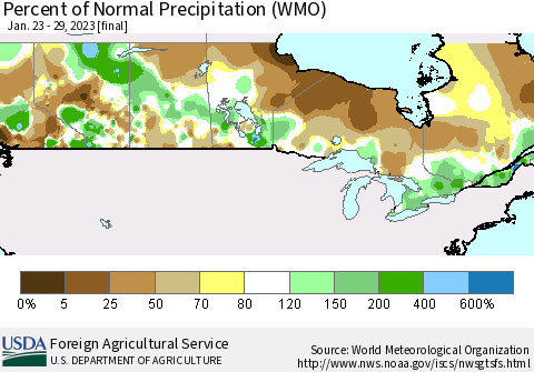 Canada Percent of Normal Precipitation (WMO) Thematic Map For 1/23/2023 - 1/29/2023