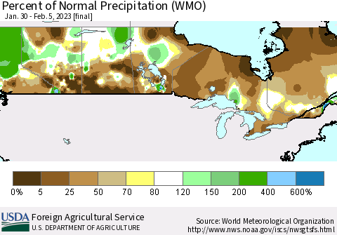 Canada Percent of Normal Precipitation (WMO) Thematic Map For 1/30/2023 - 2/5/2023
