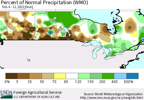 Canada Percent of Normal Precipitation (WMO) Thematic Map For 2/6/2023 - 2/12/2023