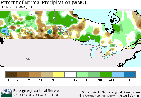 Canada Percent of Normal Precipitation (WMO) Thematic Map For 2/13/2023 - 2/19/2023