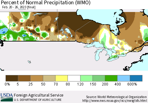 Canada Percent of Normal Precipitation (WMO) Thematic Map For 2/20/2023 - 2/26/2023