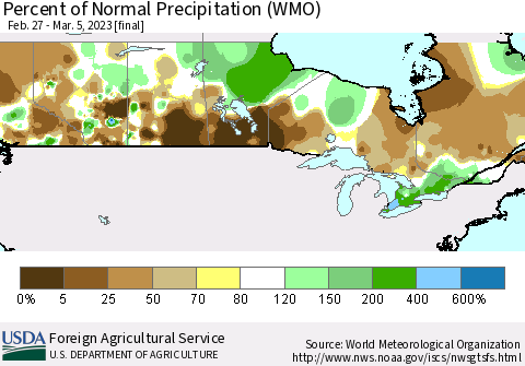 Canada Percent of Normal Precipitation (WMO) Thematic Map For 2/27/2023 - 3/5/2023