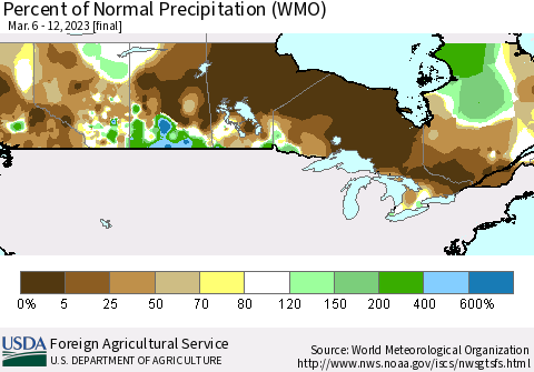 Canada Percent of Normal Precipitation (WMO) Thematic Map For 3/6/2023 - 3/12/2023