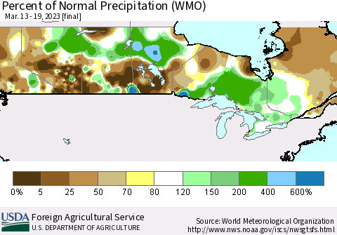 Canada Percent of Normal Precipitation (WMO) Thematic Map For 3/13/2023 - 3/19/2023