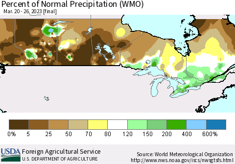 Canada Percent of Normal Precipitation (WMO) Thematic Map For 3/20/2023 - 3/26/2023
