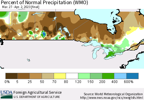Canada Percent of Normal Precipitation (WMO) Thematic Map For 3/27/2023 - 4/2/2023