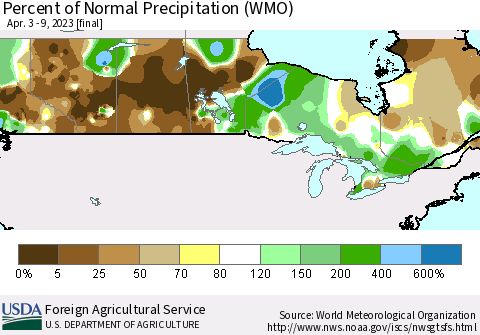 Canada Percent of Normal Precipitation (WMO) Thematic Map For 4/3/2023 - 4/9/2023