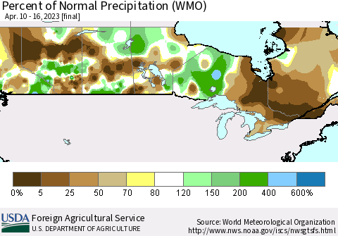 Canada Percent of Normal Precipitation (WMO) Thematic Map For 4/10/2023 - 4/16/2023