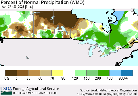 Canada Percent of Normal Precipitation (WMO) Thematic Map For 4/17/2023 - 4/23/2023
