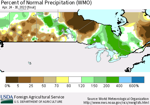 Canada Percent of Normal Precipitation (WMO) Thematic Map For 4/24/2023 - 4/30/2023