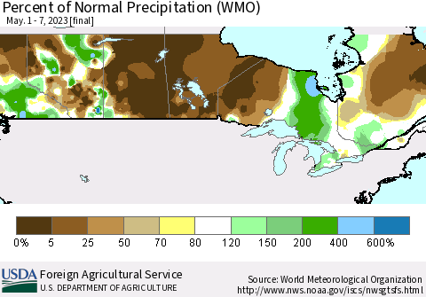 Canada Percent of Normal Precipitation (WMO) Thematic Map For 5/1/2023 - 5/7/2023