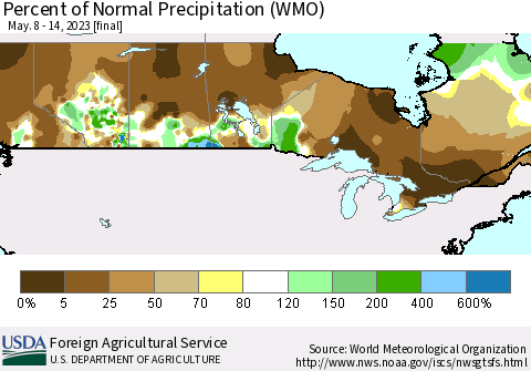 Canada Percent of Normal Precipitation (WMO) Thematic Map For 5/8/2023 - 5/14/2023