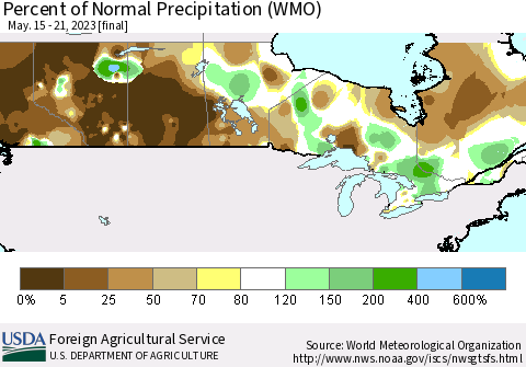 Canada Percent of Normal Precipitation (WMO) Thematic Map For 5/15/2023 - 5/21/2023