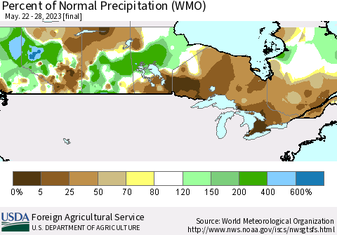 Canada Percent of Normal Precipitation (WMO) Thematic Map For 5/22/2023 - 5/28/2023