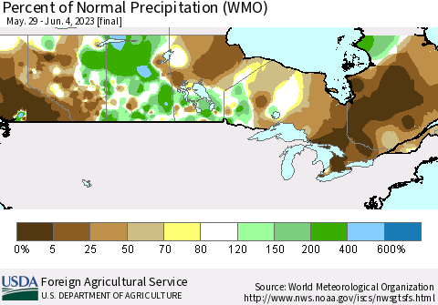Canada Percent of Normal Precipitation (WMO) Thematic Map For 5/29/2023 - 6/4/2023