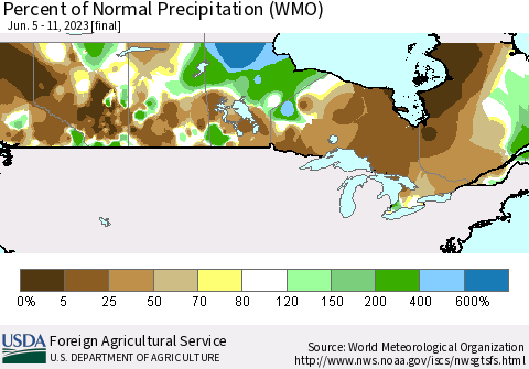 Canada Percent of Normal Precipitation (WMO) Thematic Map For 6/5/2023 - 6/11/2023