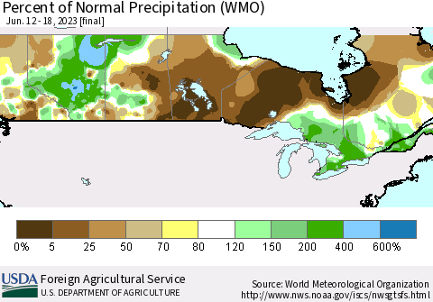 Canada Percent of Normal Precipitation (WMO) Thematic Map For 6/12/2023 - 6/18/2023