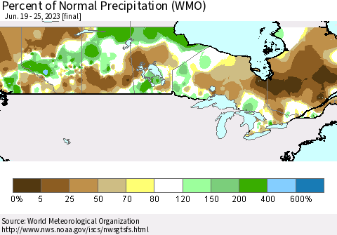 Canada Percent of Normal Precipitation (WMO) Thematic Map For 6/19/2023 - 6/25/2023
