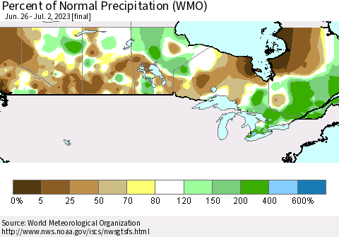 Canada Percent of Normal Precipitation (WMO) Thematic Map For 6/26/2023 - 7/2/2023