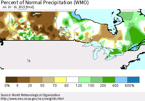 Canada Percent of Normal Precipitation (WMO) Thematic Map For 7/10/2023 - 7/16/2023