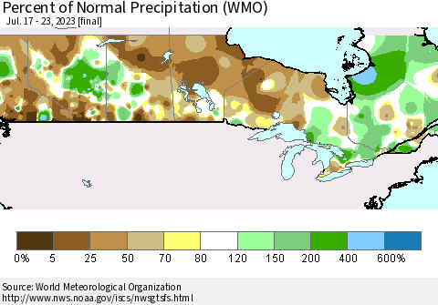Canada Percent of Normal Precipitation (WMO) Thematic Map For 7/17/2023 - 7/23/2023