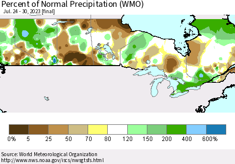 Canada Percent of Normal Precipitation (WMO) Thematic Map For 7/24/2023 - 7/30/2023