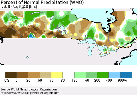 Canada Percent of Normal Precipitation (WMO) Thematic Map For 7/31/2023 - 8/6/2023