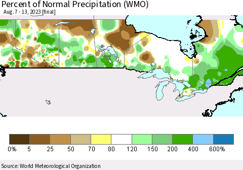 Canada Percent of Normal Precipitation (WMO) Thematic Map For 8/7/2023 - 8/13/2023