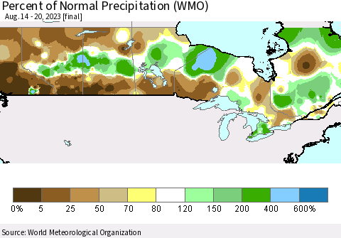 Canada Percent of Normal Precipitation (WMO) Thematic Map For 8/14/2023 - 8/20/2023