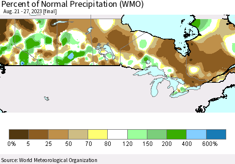 Canada Percent of Normal Precipitation (WMO) Thematic Map For 8/21/2023 - 8/27/2023