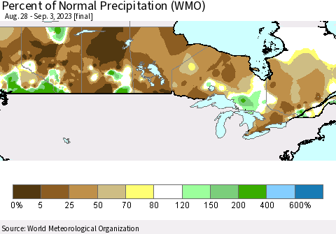 Canada Percent of Normal Precipitation (WMO) Thematic Map For 8/28/2023 - 9/3/2023