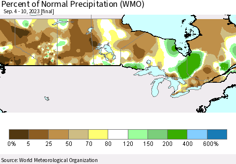 Canada Percent of Normal Precipitation (WMO) Thematic Map For 9/4/2023 - 9/10/2023