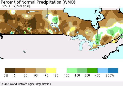 Canada Percent of Normal Precipitation (WMO) Thematic Map For 9/11/2023 - 9/17/2023