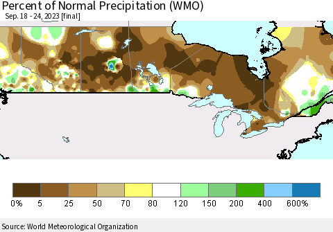 Canada Percent of Normal Precipitation (WMO) Thematic Map For 9/18/2023 - 9/24/2023