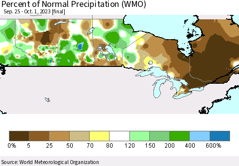 Canada Percent of Normal Precipitation (WMO) Thematic Map For 9/25/2023 - 10/1/2023