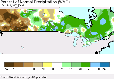 Canada Percent of Normal Precipitation (WMO) Thematic Map For 10/2/2023 - 10/8/2023
