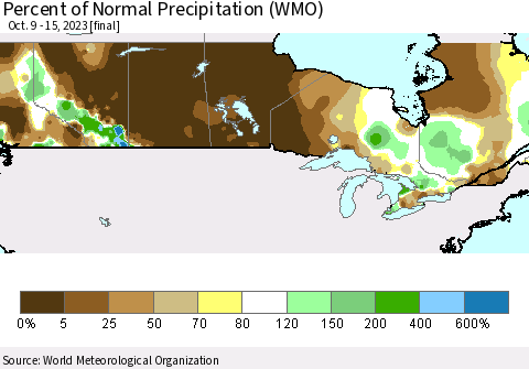 Canada Percent of Normal Precipitation (WMO) Thematic Map For 10/9/2023 - 10/15/2023