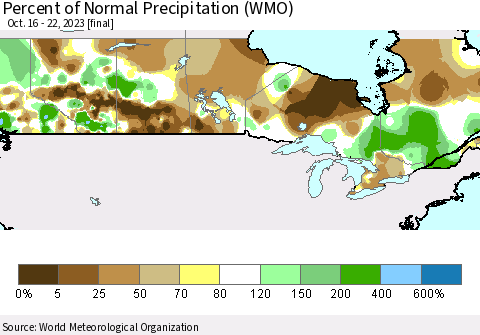 Canada Percent of Normal Precipitation (WMO) Thematic Map For 10/16/2023 - 10/22/2023