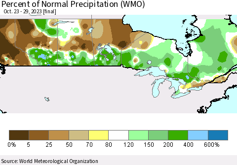 Canada Percent of Normal Precipitation (WMO) Thematic Map For 10/23/2023 - 10/29/2023