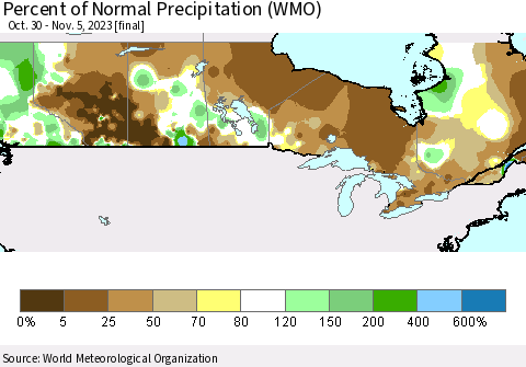 Canada Percent of Normal Precipitation (WMO) Thematic Map For 10/30/2023 - 11/5/2023